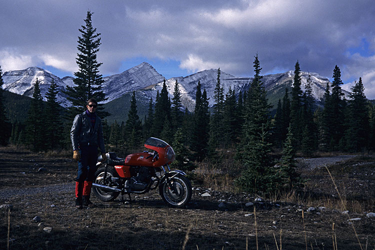 Ian Watson and the Laverda 750 SF, Mt. Glasgow behind, 1995