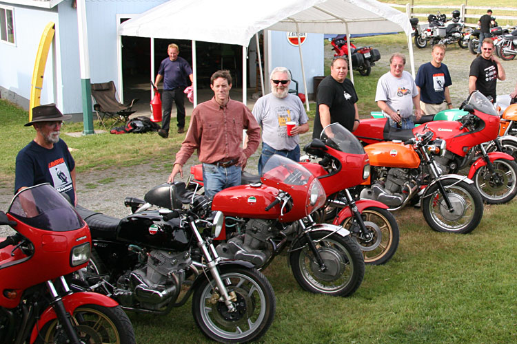 LtoR: Wes Clyne, 1985 RGS 1000: black 750 SF owned by Wolfgang Haerter: Ian Watson, red 750SF: <br />Terry Doherty, RGS 1000: Andrew Stanford, orange 750SF: Bill McCracken, RGS 1000: <br />Andrew Ebbern, green 1200 Mirage