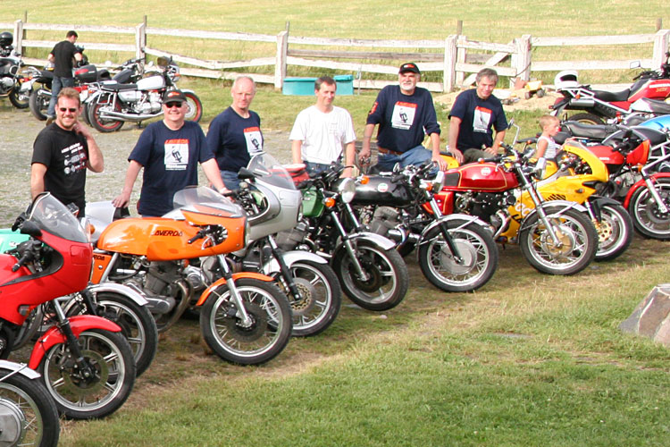 LtoR: Dan Watt, orange 750 SFC: Paul Leclair RGS 1200 Executive: Scott Williams, 1200 Mirage: <br />Wes Evernden, 750SF: Wolfgang Haerter, early 750SF: Randall Henisgsen, new 750 Laverda