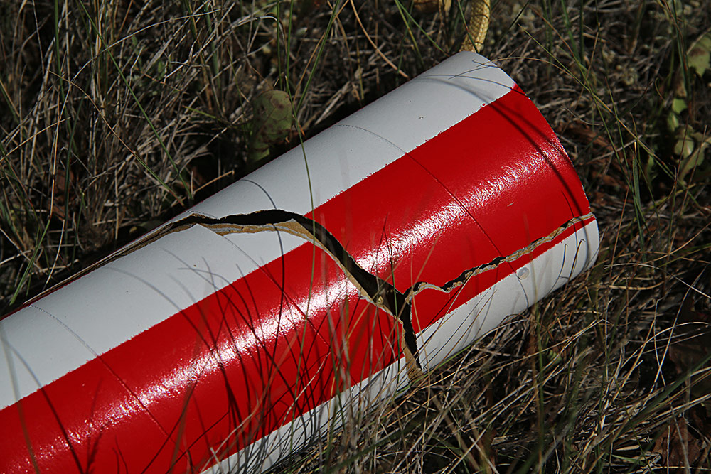 the upper payload section sustained a hard impact.<br />Note the visible shear pin...