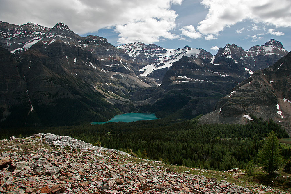 view across the valley to Lake O'Hara...