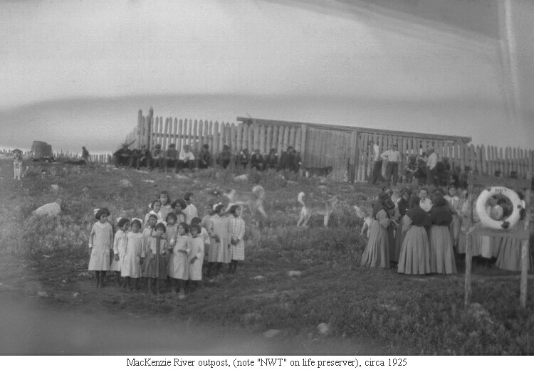MacKenzie River outpost, (note "NWT" on life preserver), circa 1925