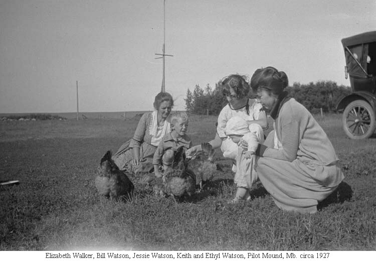 Elizabeth Walker, Bill Watson, Jessie Watson, Keith and Ethyl Watson, Pilot Mound, Mb. circa 1927