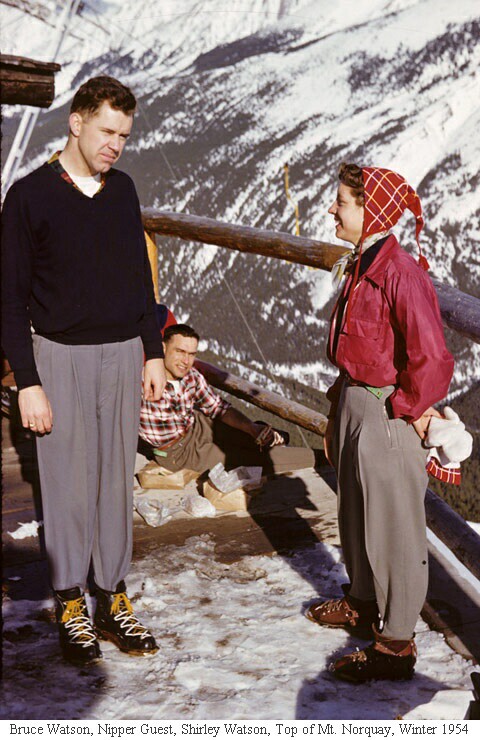 Bruce Watson, Nipper Guest, Shirley Watson, Top of Mt. Norquay, Winter 1954