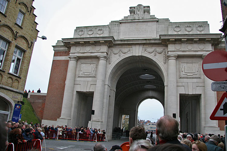 Menin Gate in Ypres, with crowds gathering before the ceremony.