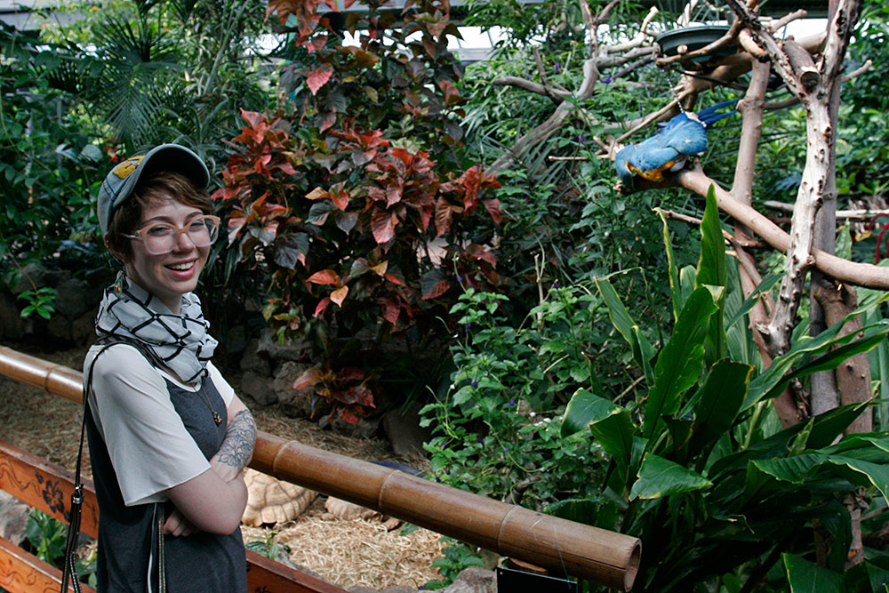 Sarah with "Picasso", hiding under his wing...